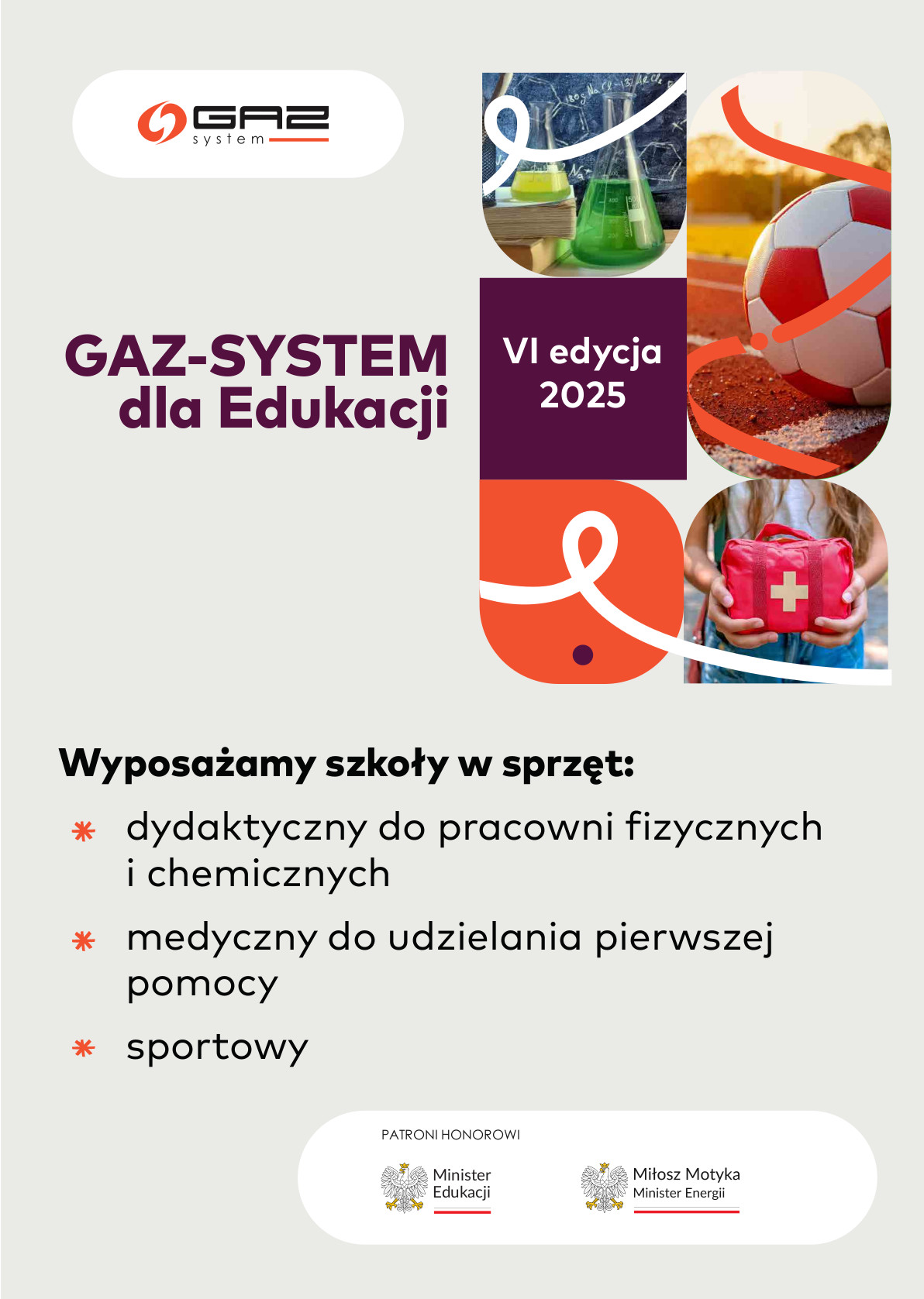 grafika z elemantami zdjeć z piłką oraz boiskiem, apteczką, pr&oacute;b&oacute;wkami