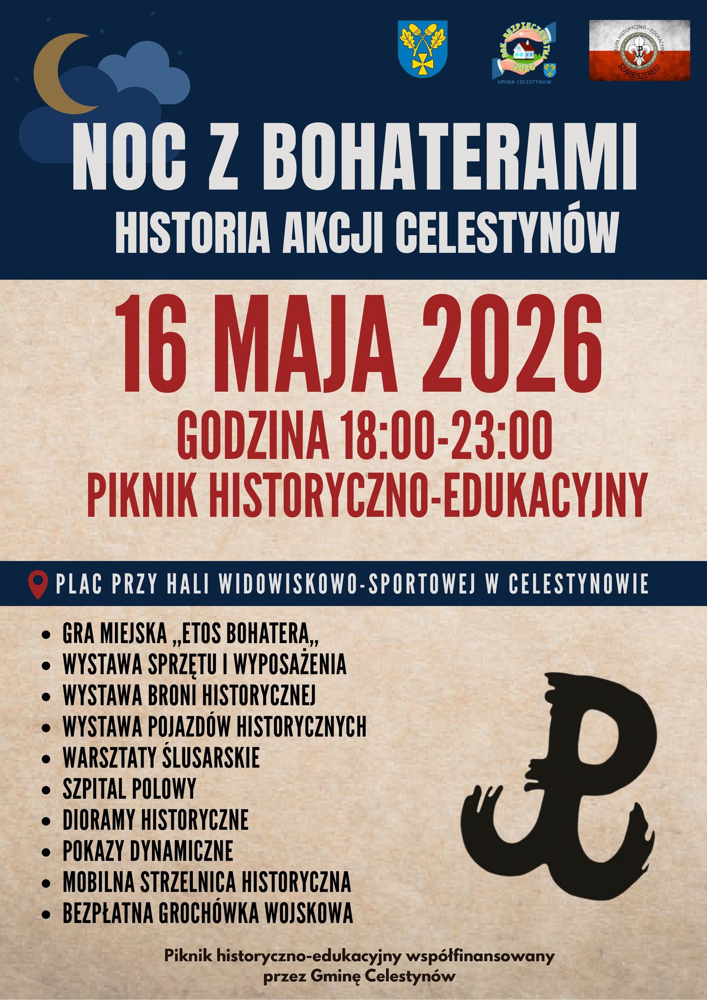 plakat z grafiką księżyca, znakiem Polski walczącej