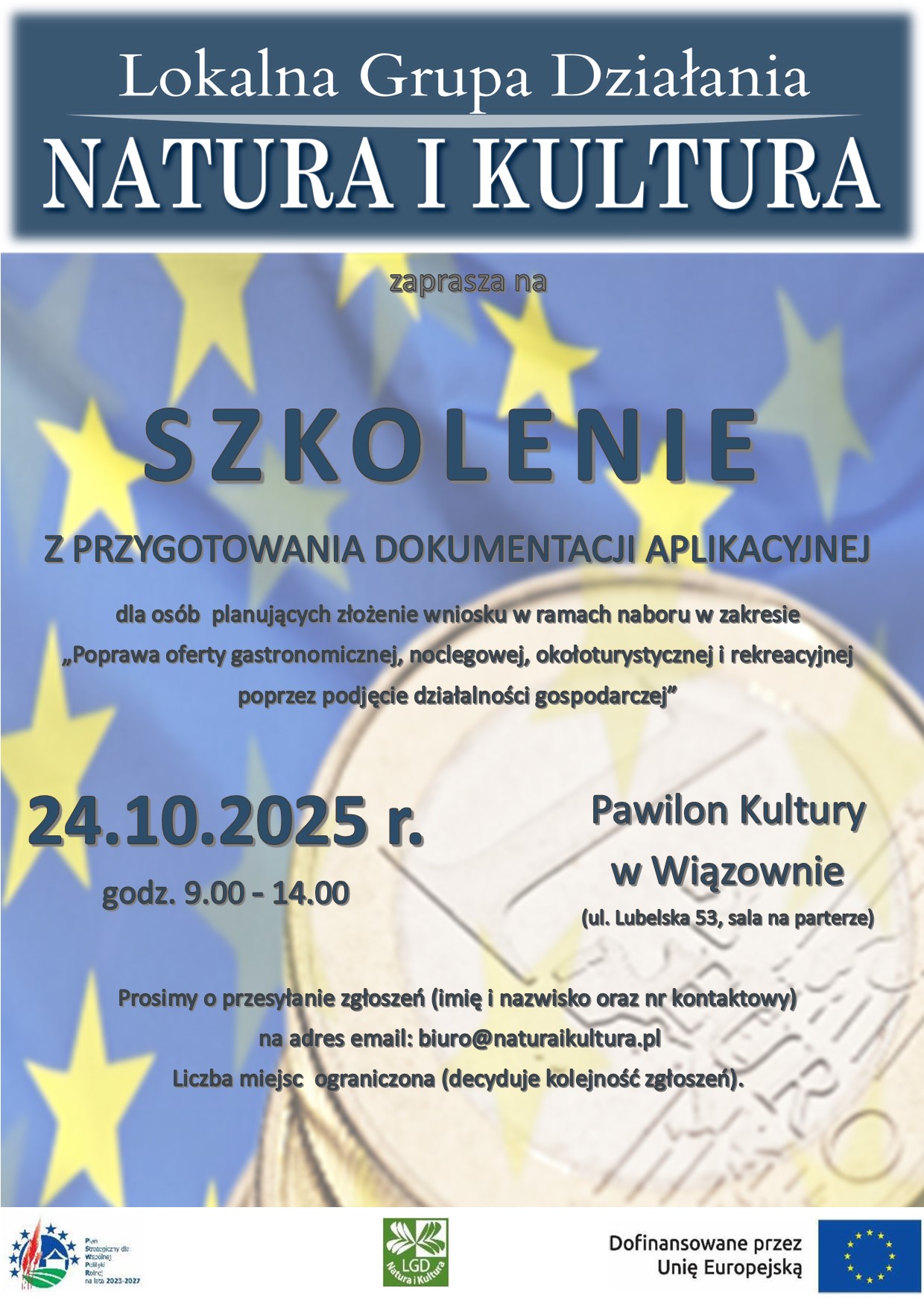 plakat z informacjami na tle flagi Europy oraz 1 Euro